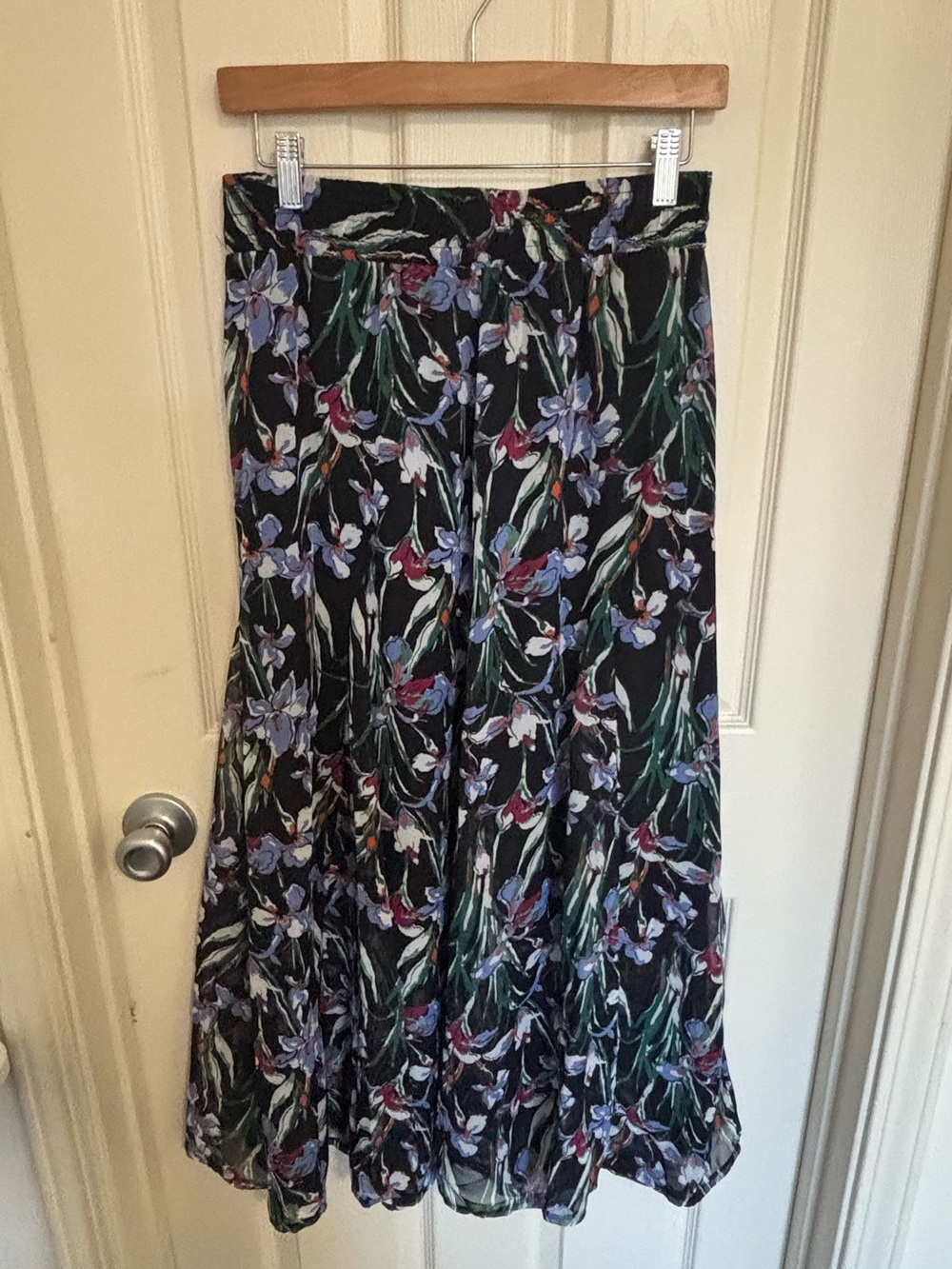 Lapis Floral Maxi Skirt Black Blue Iris Print Lined Boho Whimsigoth Size M